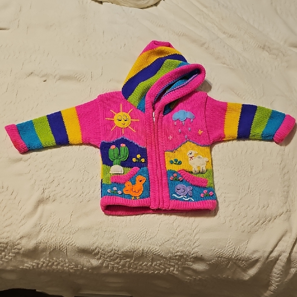 HANDMADE Peruvian Aprillera Colorful Sweater Animals Flower Cactus 9 - 12 Months